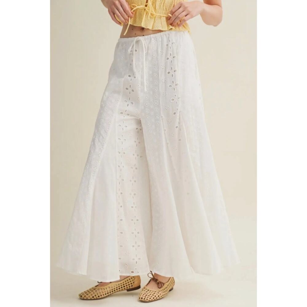 White Eyelet Cotton Wide Leg Palazzo Pants Lined with Pockets - Coastal European